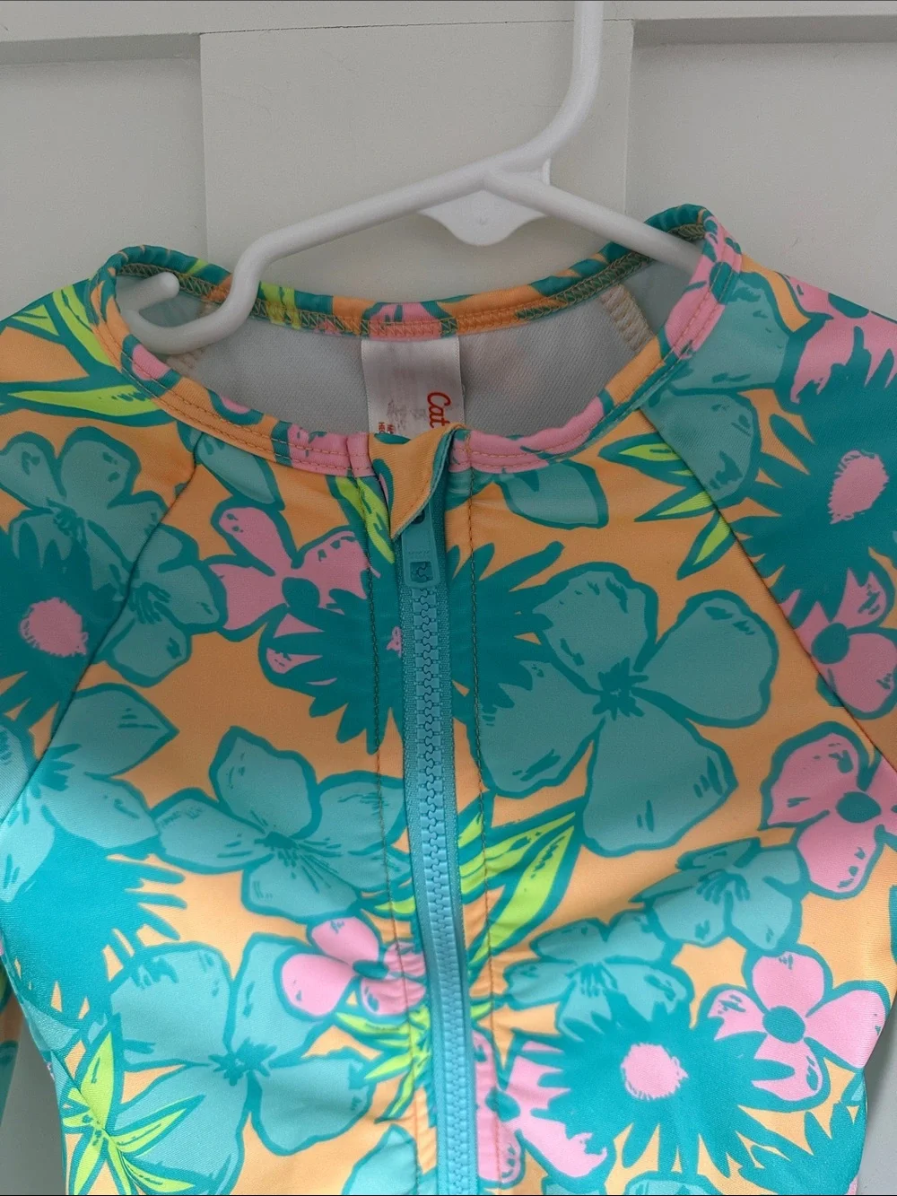 Cat & Jack Teal, Yellow & Pink Floral Long-Sleeve One-Piece Swimsuit